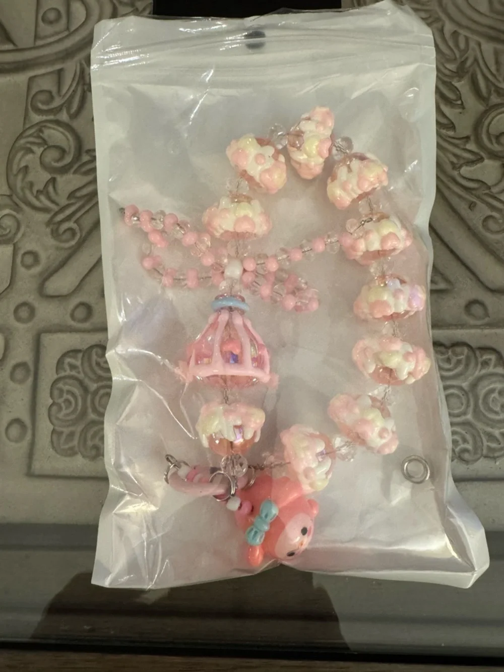 New Pink Cloud Bead Kids Phone Charm with Bear and Hot Air Balloon